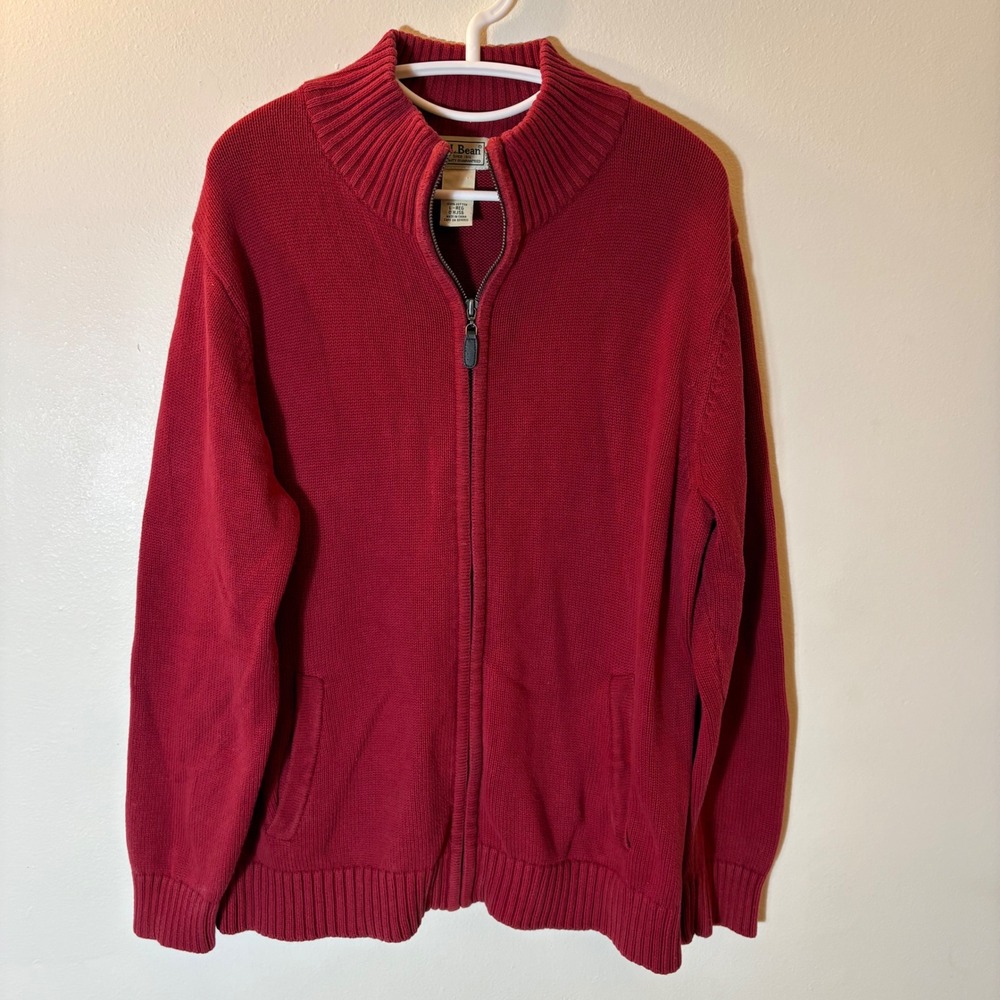 L.L. Bean Red Full Zip Cotton Cardigan Sweater Size Large